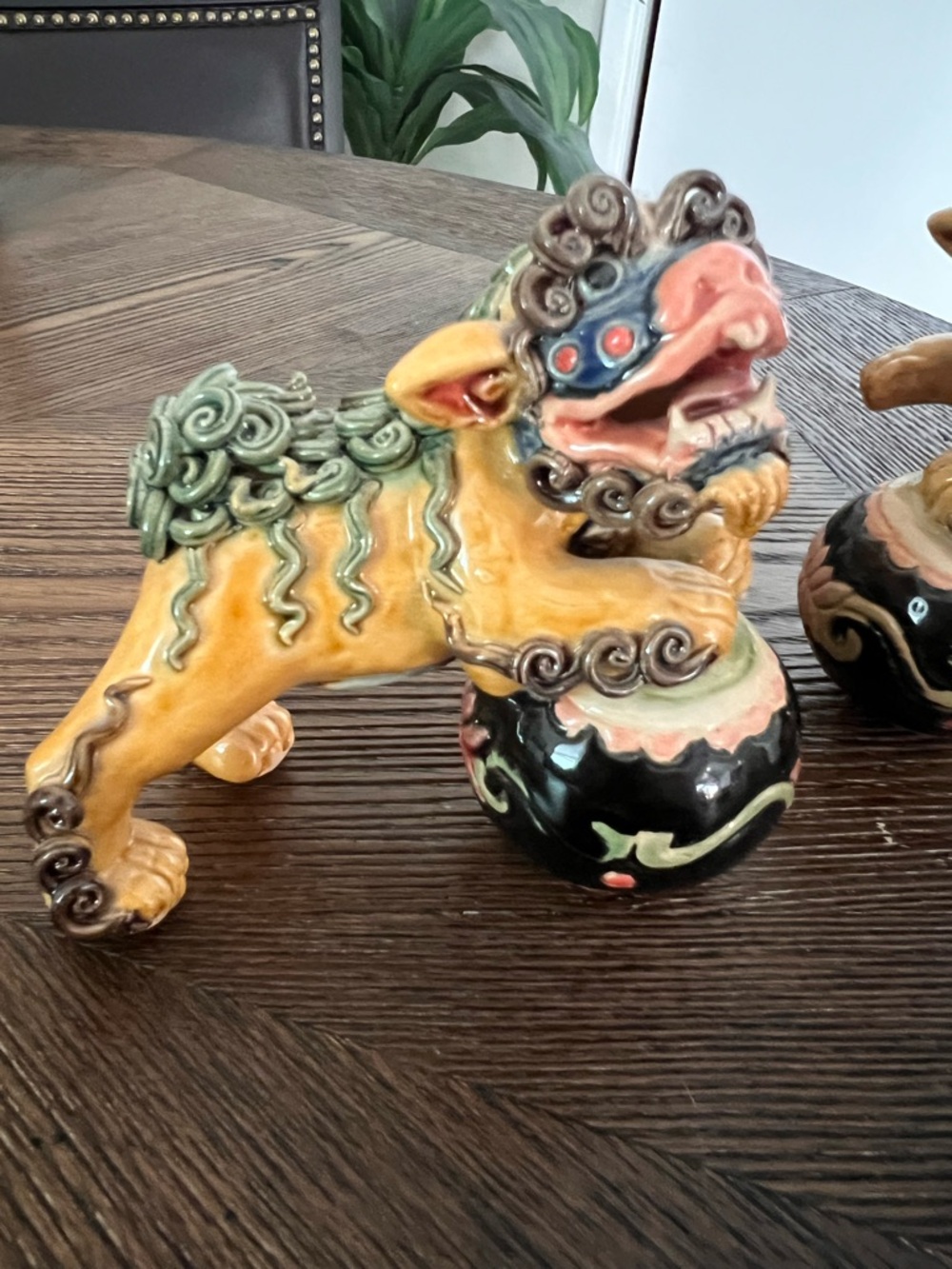 Yellow Ceramic Foo Dog Statue with Black Ball - Home Art Accent